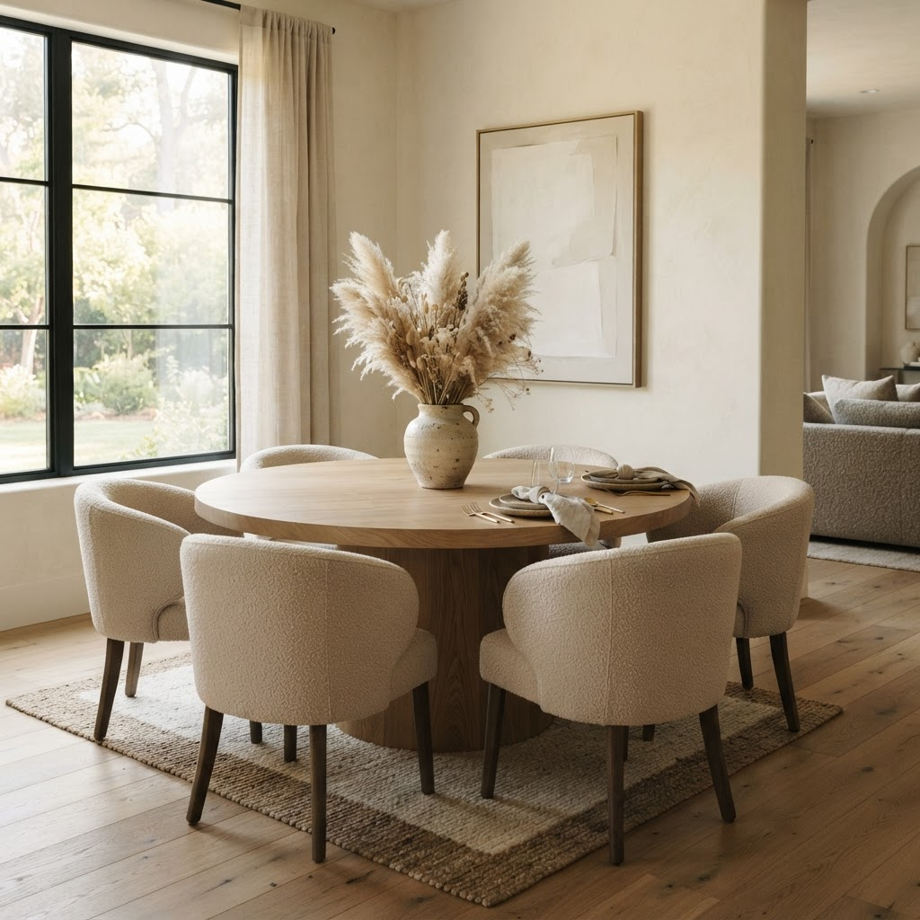 Minimalist dining space with soft beige chairs and light oak table