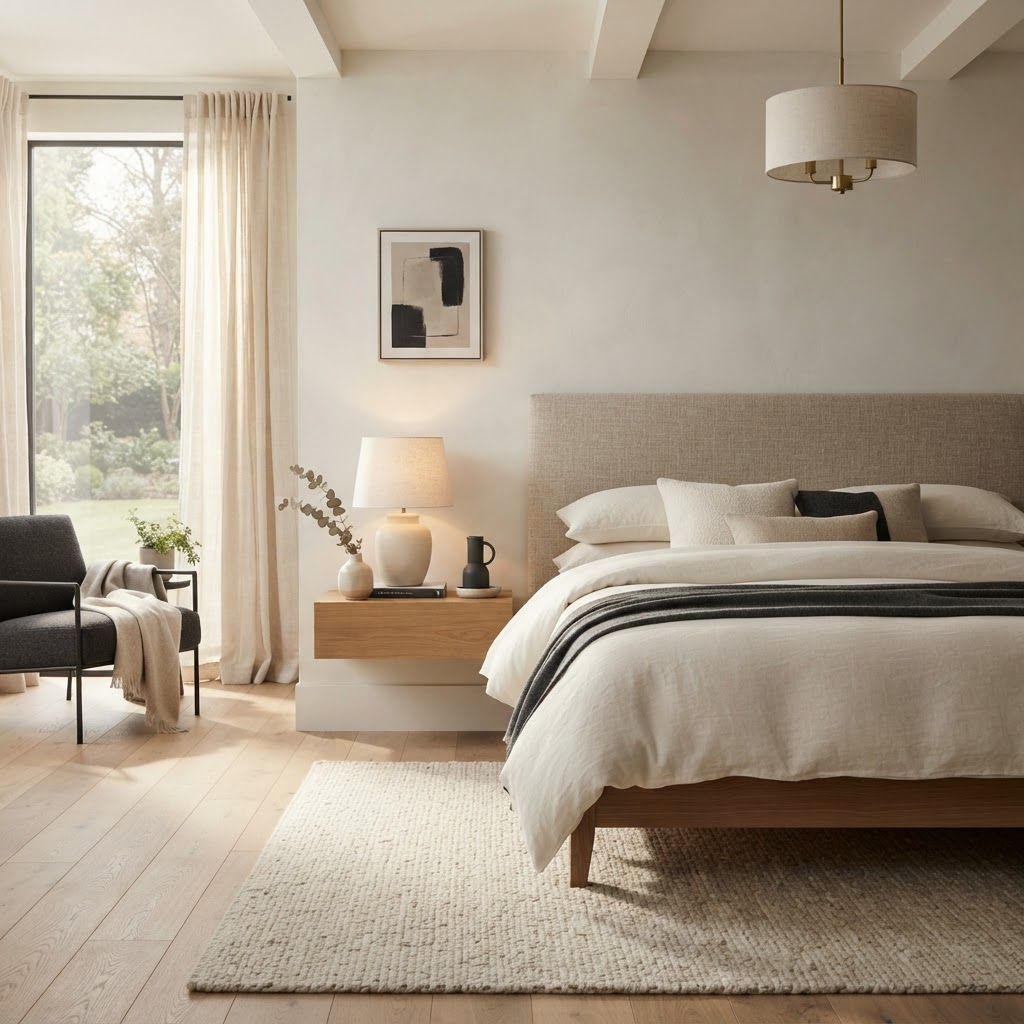 Serene bedroom with ivory linens and textured headboard