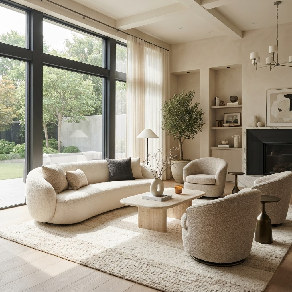 Elegant modern living room interior with warm neutral tones